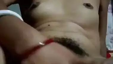 Slim girl hairy pussy fingering and licking wet fingers