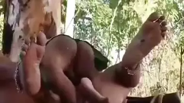 Outdoor sex of a handicapped man with a milf in the jungle