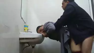 Wife in abroad fucked by office manager in washroom